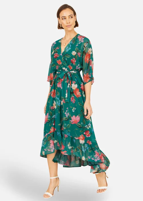 Yumi Green Floral Kimono Wrap Dress With Dip Hem - 14 Image 4