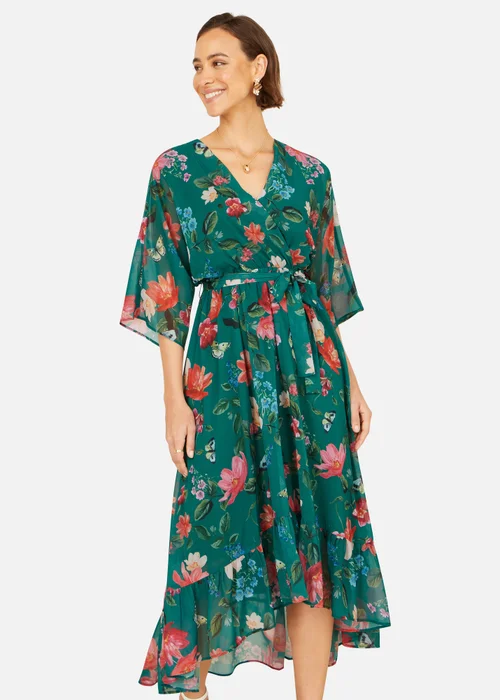 Yumi Green Floral Kimono Wrap Dress With Dip Hem - 14 Image 1