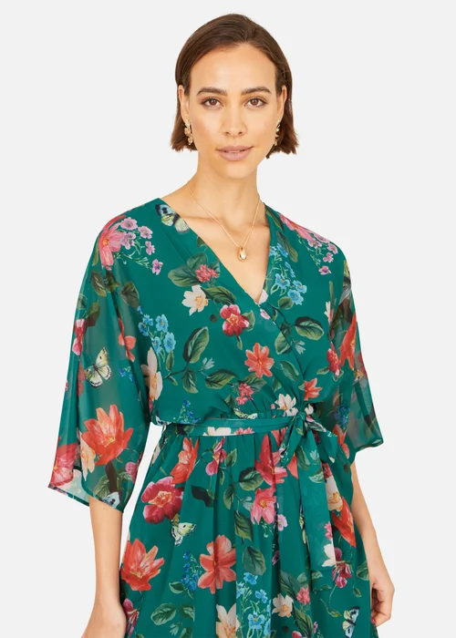 Yumi Green Floral Kimono Wrap Dress With Dip Hem - 14 Image 3