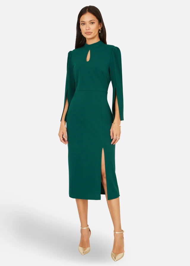 Yumi Green Fitted Midi Dress With Flute Sleeves