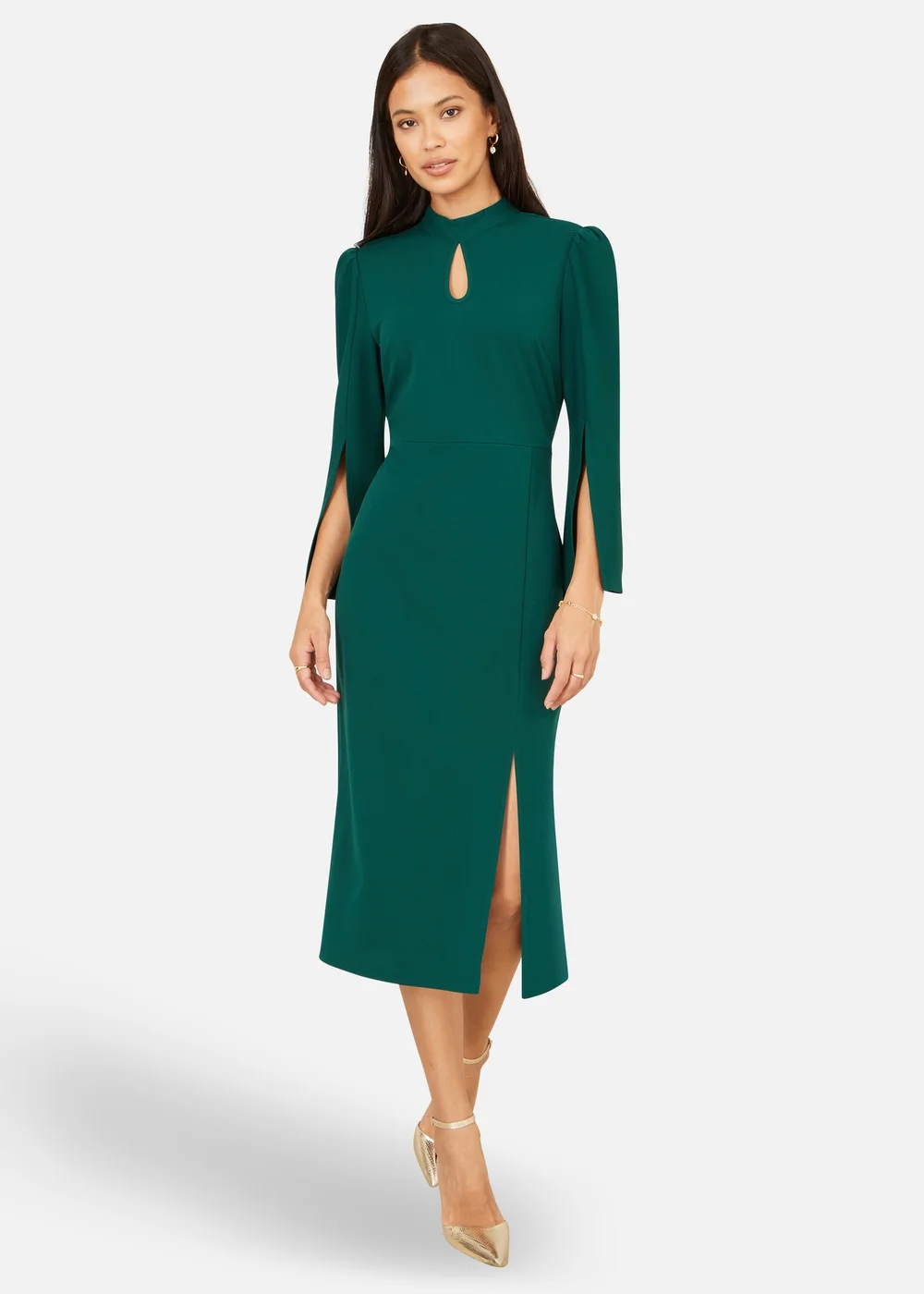 Yumi Green Fitted Midi Dress With Flute Sleeves - 16 Image 4