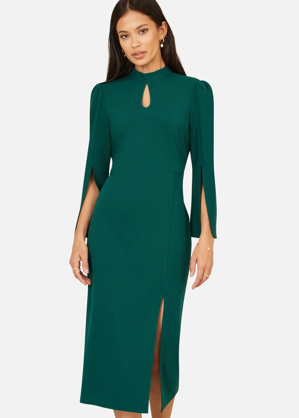 Yumi Green Fitted Midi Dress With Flute Sleeves - 16 Image 1