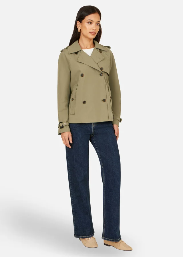 Yumi Green Cropped Trench Jacket With Pockets & Check Lining