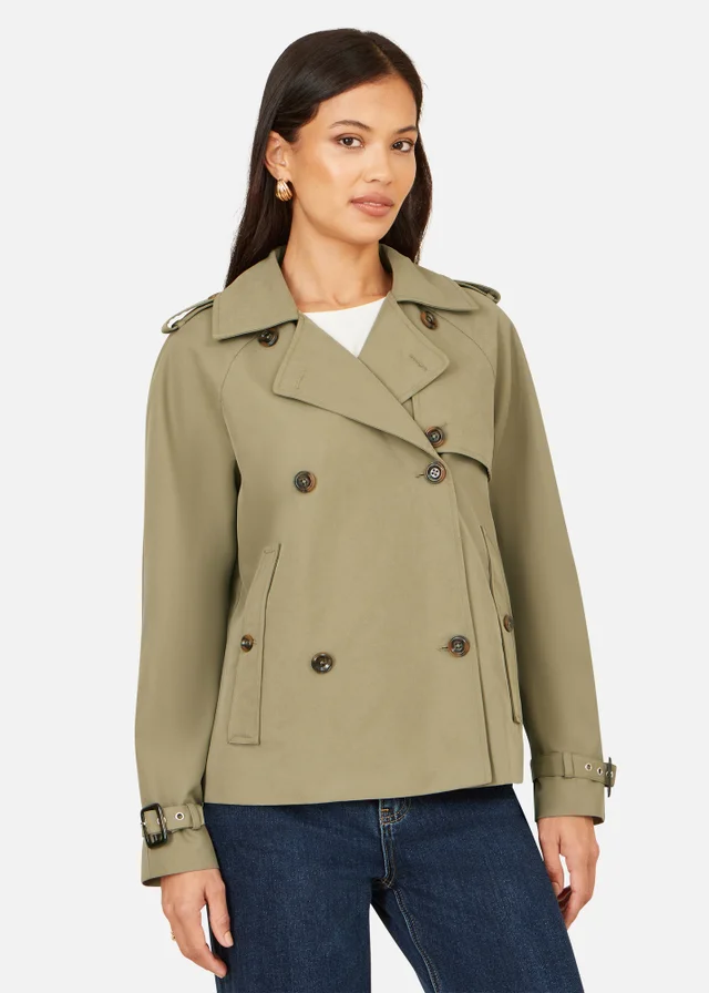 Yumi Green Cropped Trench Jacket With Pockets & Check Lining