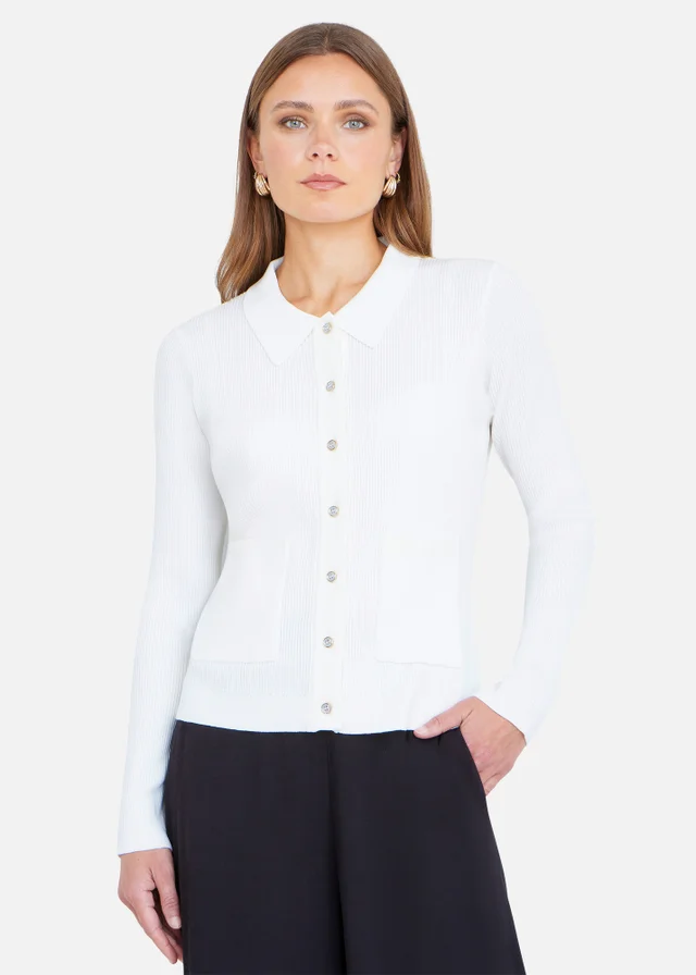 Yumi Ivory Ribbed Collar Button Up Cardigan
