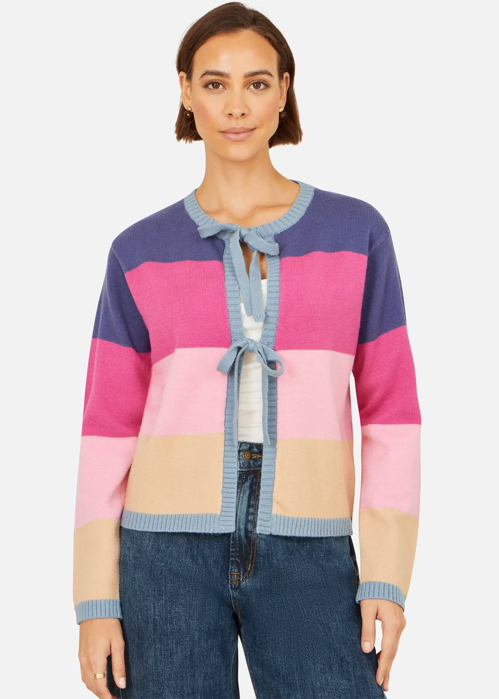 Yumi Multicolour Block Stripe Tie Front Cardigan - M Image 3