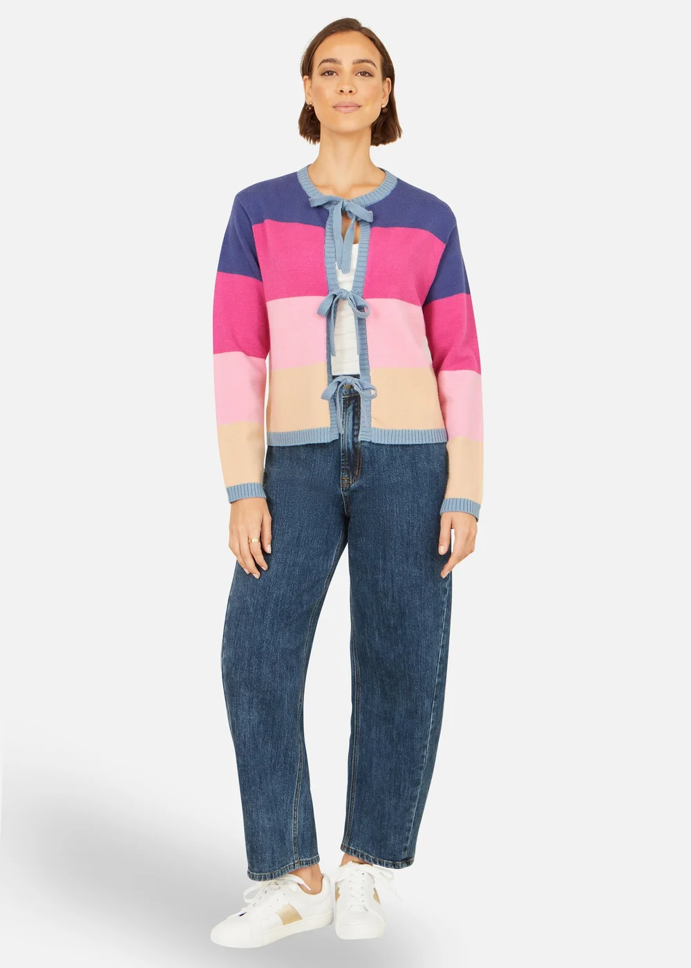 Yumi Multicolour Block Stripe Tie Front Cardigan - M Image 2