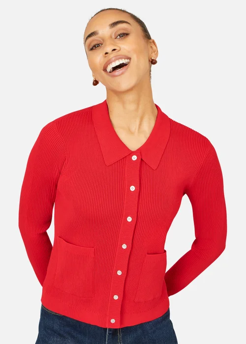 Yumi Red Ribbed Collar Button Up Cardigan - L Image 1