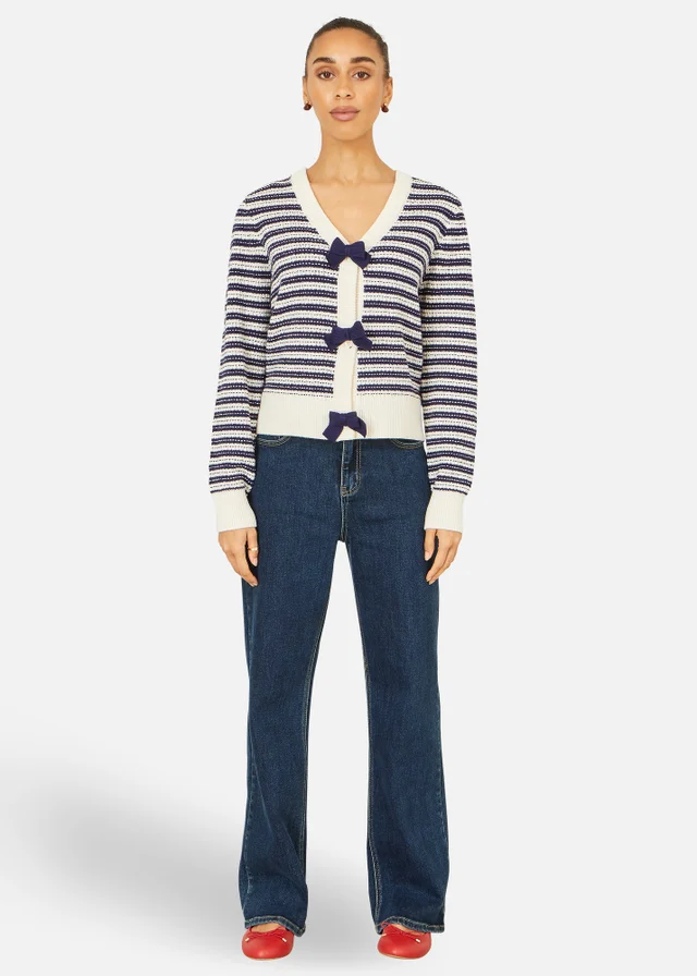 Yumi Navy Stripe Cardigan With Bow Detail