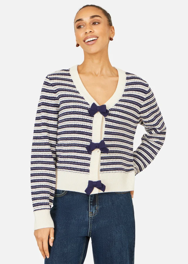 Yumi Navy Stripe Cardigan With Bow Detail