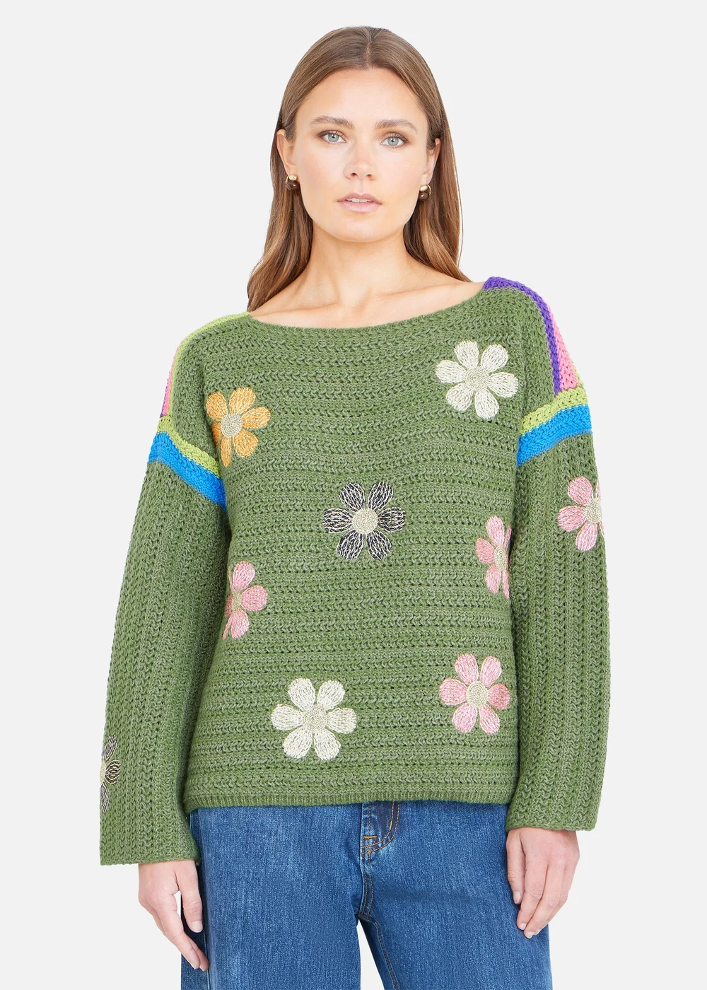 Yumi Green Crochet Flower Jumper - M Image 1