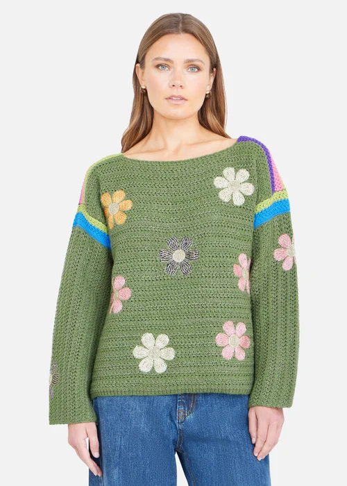 Yumi Green Crochet Flower Jumper - M Image 1