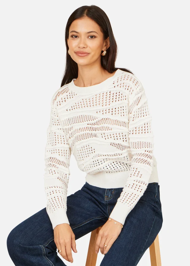 Yumi White Wave Pointelle Knitted Jumper