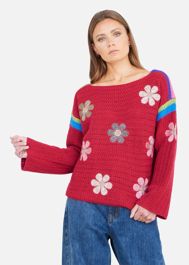 Yumi Red Crochet Flower Jumper