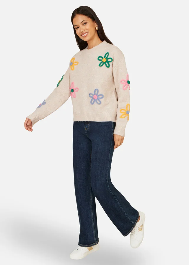 Yumi Oatmeal Relaxed Flower Embroidered Jumper