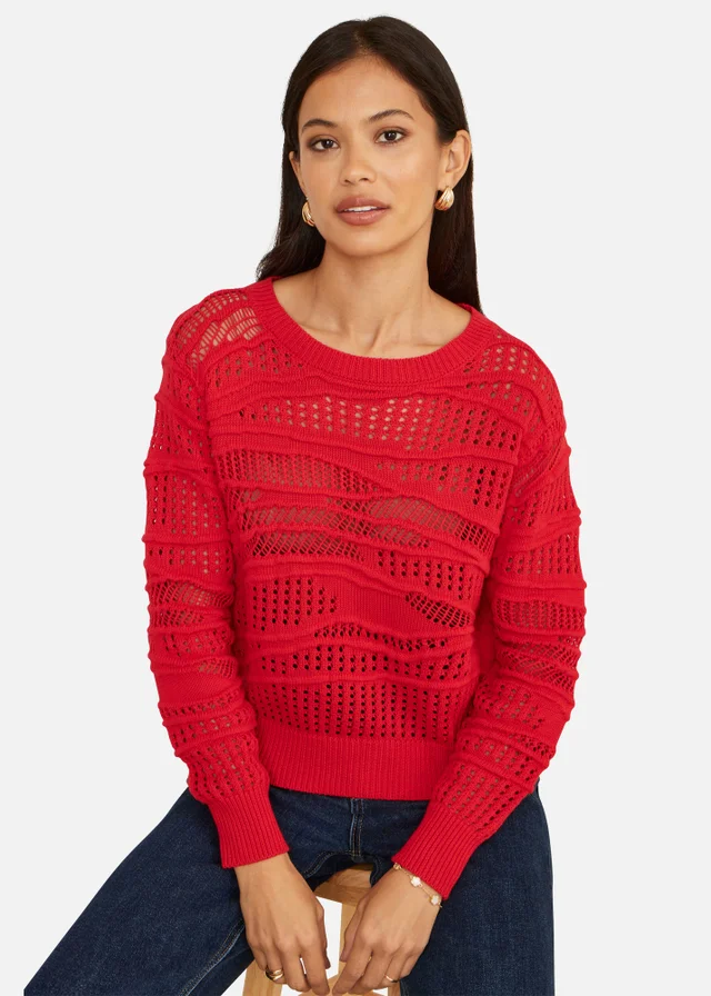 Yumi Red Wave Pointelle Knitted Jumper