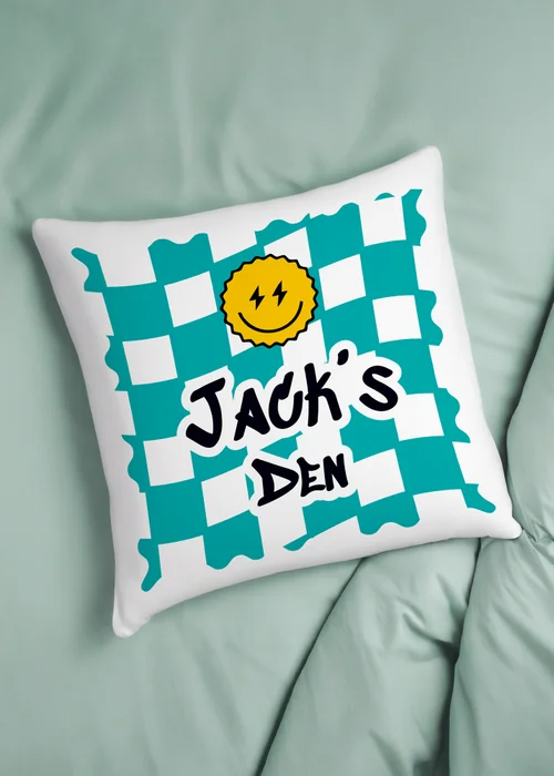 Personalised Memento Company Blue Check Childrens Bedroom Cushion White - One Size Image 3