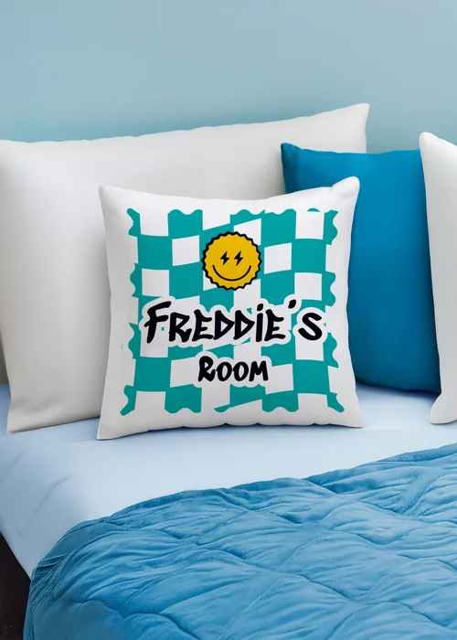 Personalised Memento Company Blue Check Childrens Bedroom Cushion White - One Size Image 1