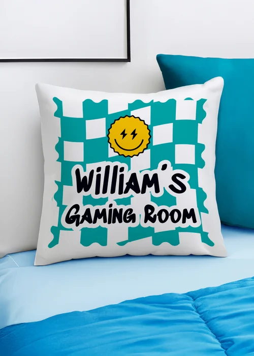 Personalised Memento Company Blue Check Childrens Bedroom Cushion White - One Size Image 2