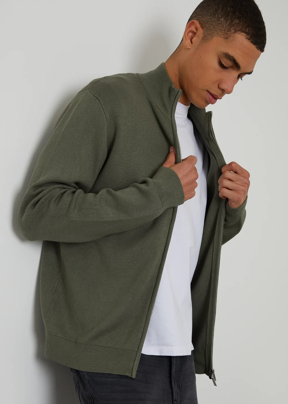 Threadbare Green Zip-Through Funnel Neck Knitted Cardigan - M Image 1