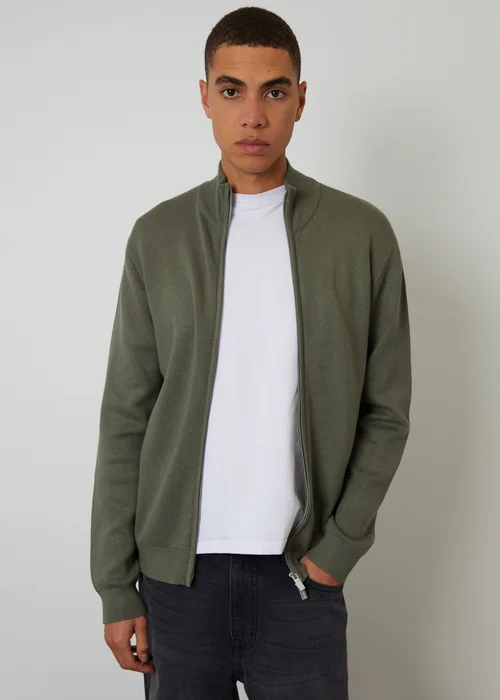 Threadbare Green Zip-Through Funnel Neck Knitted Cardigan - M Image 5