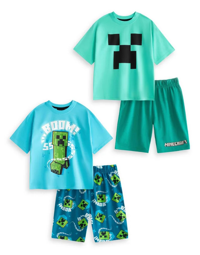 Vanilla Underground Minecraft Boys Multicoloured Creeper Multi-Pack of 2 Short Pyjama Set (5-14 Years)