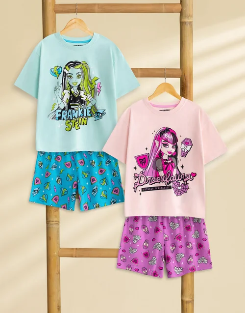 Vanilla Underground Monster High Girls Multicoloured Draculaura & Frankie Stein Short Pyjama Set (4-14 Years) - Pack of 2 - 9-10 Yrs Image 2