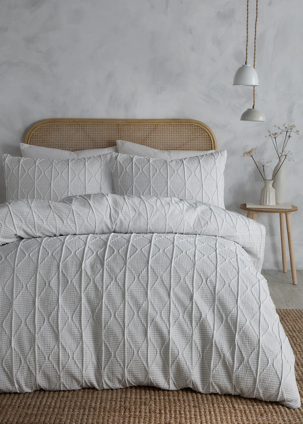 Serene Crinkle Stripe Embossed White Duvet Cover Set - Single Image 1