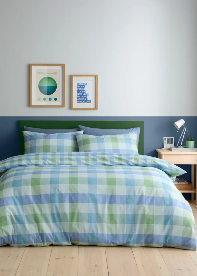Fusion Block Check Reversible Blue Duvet Cover Set