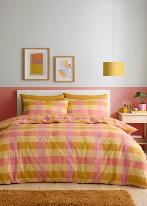 Fusion Block Check Reversible Orange Duvet Cover Set - Single Image 1
