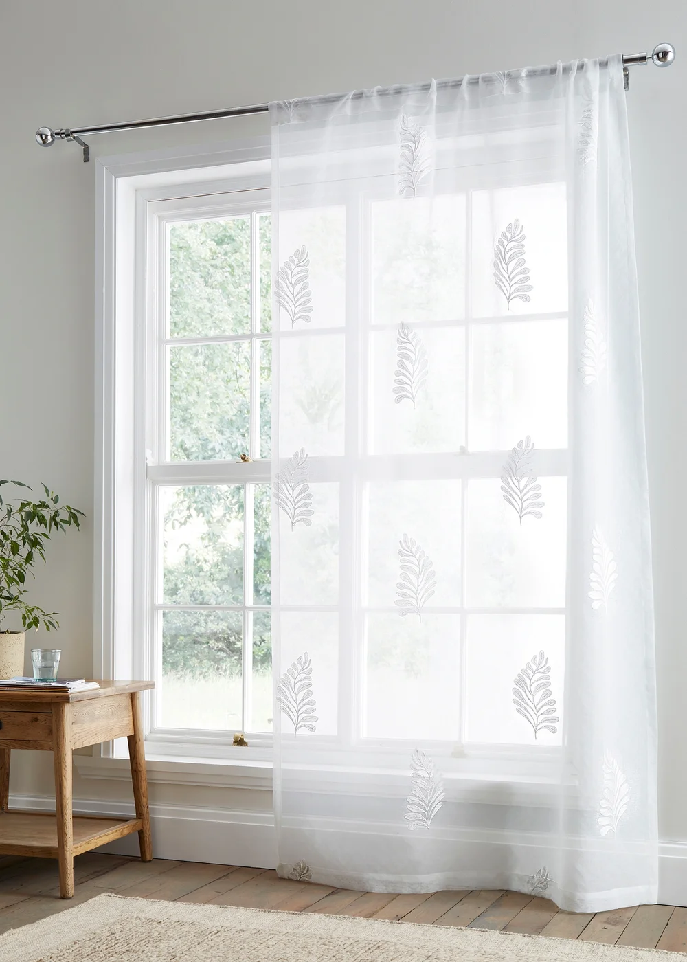 Appletree Leaf Embroidery Lightweight White Voile Panel - 55W X 48D (140x122cm) Image 1