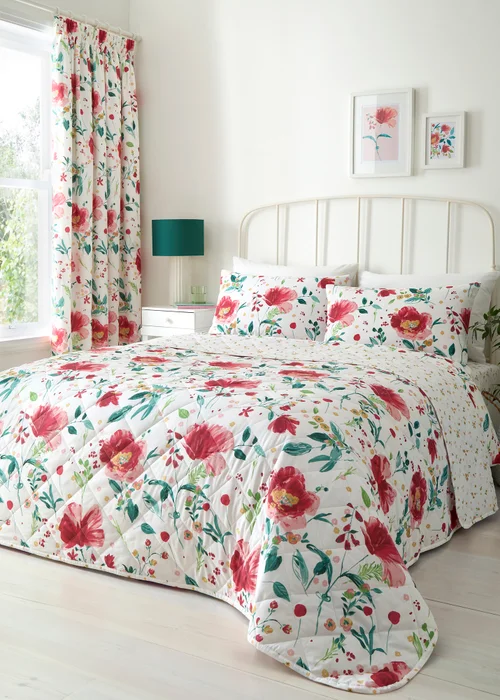 Dreams & Drapes Abstract Poppy Quilted Red Bedspread - 200 x 230cm Image 1