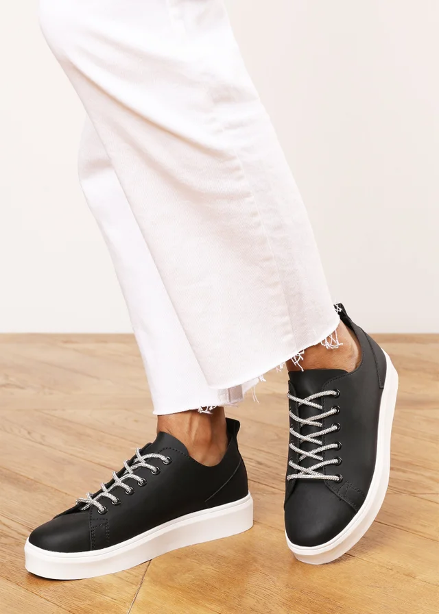 Where's That From Eliane Black Lace-up Low Wedge Trainer