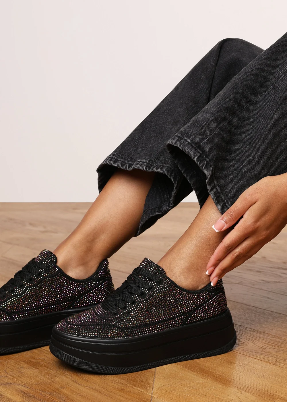 Where's That From Caia Black Lace-Up Trainer With Diamante Detail - 5 Image 1
