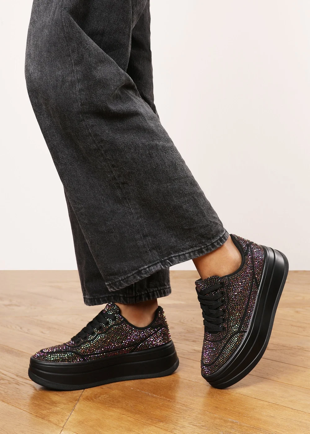Where's That From Caia Black Lace-Up Trainer With Diamante Detail - 5 Image 6