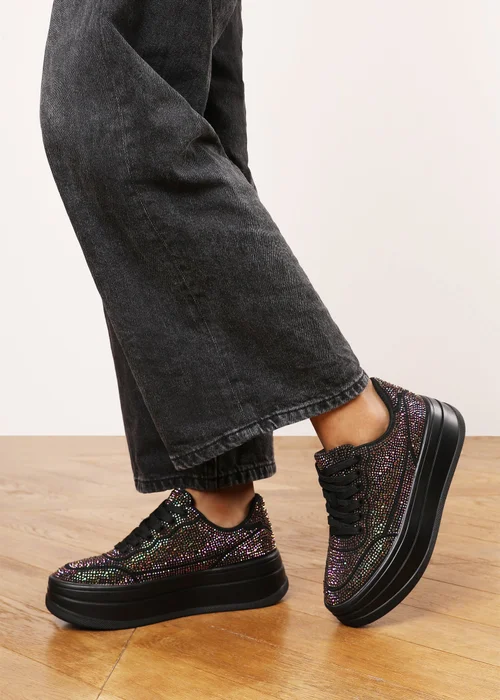 Where's That From Caia Black Lace-Up Trainer With Diamante Detail - 5 Image 6