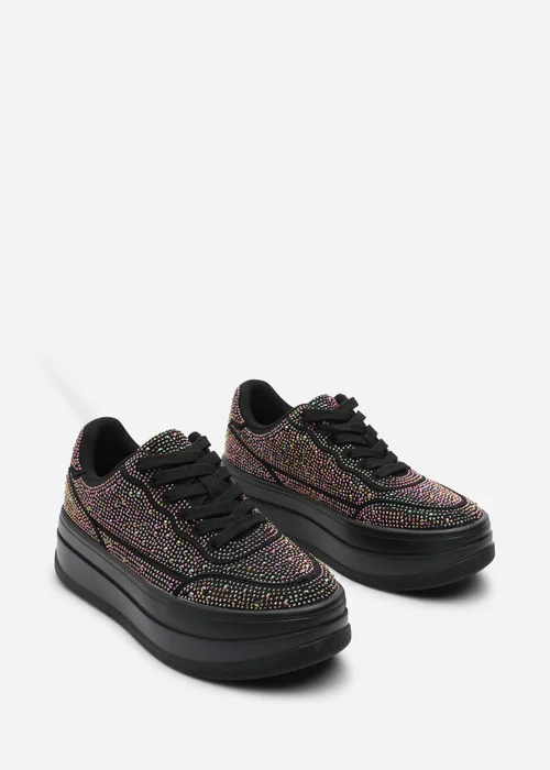 Where's That From Caia Black Lace-Up Trainer With Diamante Detail - 5 Image 4