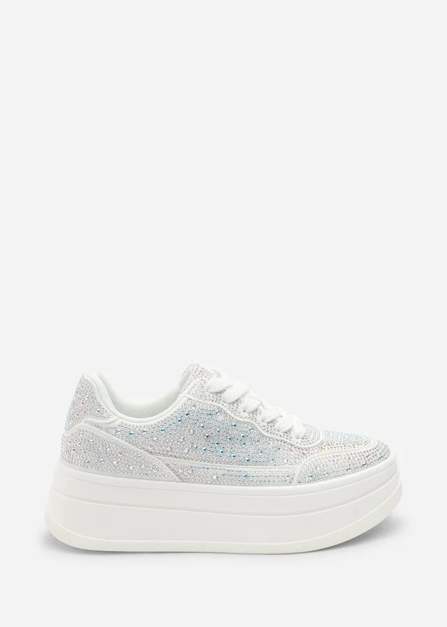 Where's That From Caia White Lace-Up Trainer With Diamante Detail