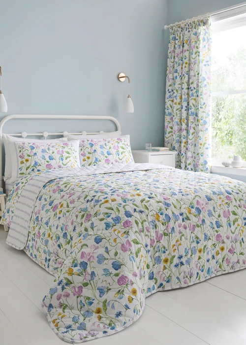 Dreams & Drapes Sweetpea Floral Quilted Lilac Bedspread - 200 x 200cm Image 1