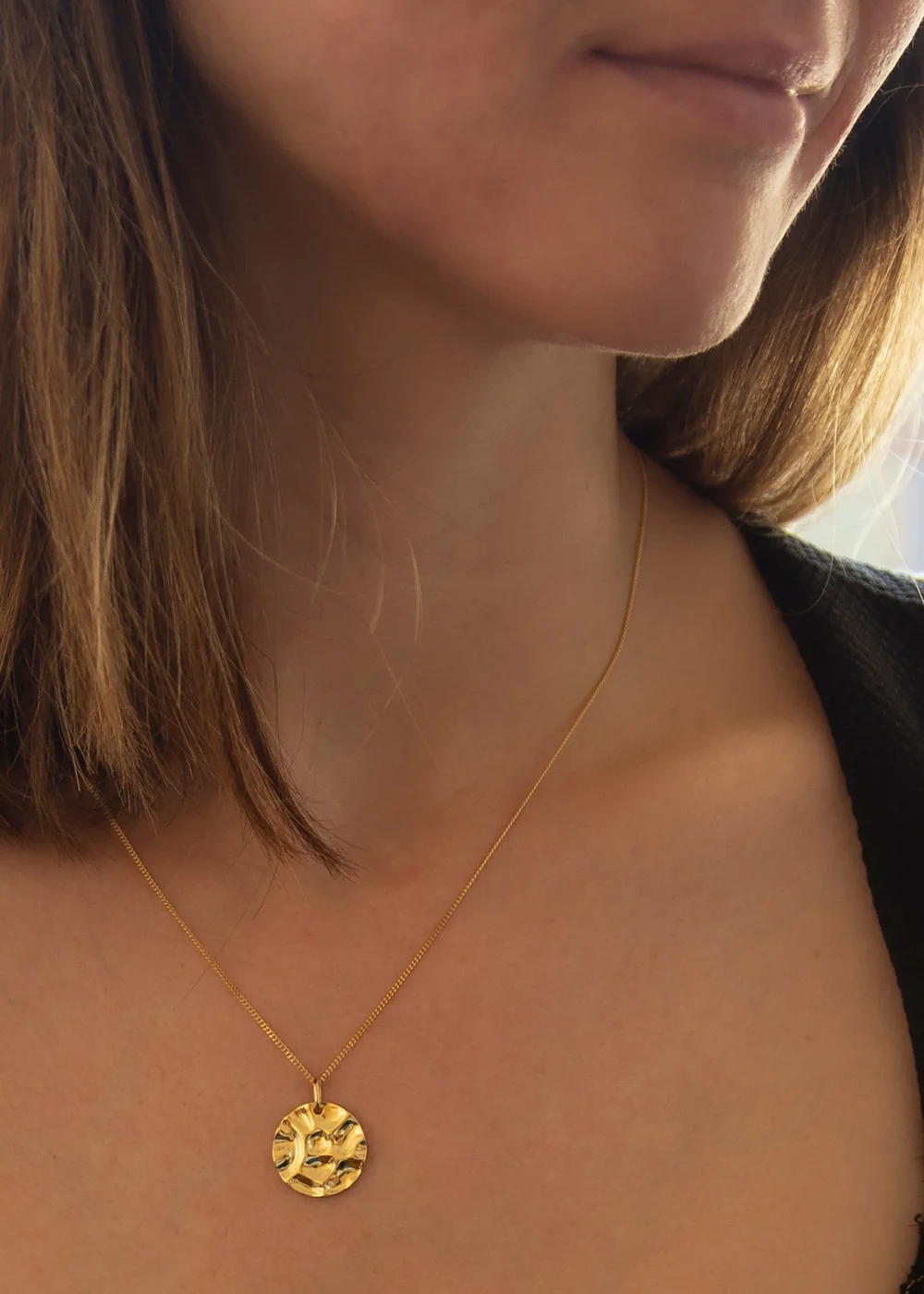 Golden Moments Sterling Silver Yellow Gold Plated Hammered Disc Pendant On Curb Chain - One Size Image 3