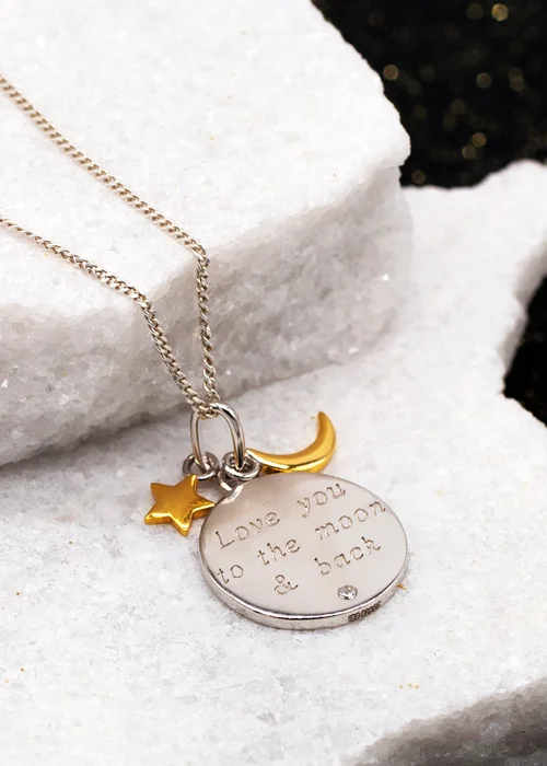 Golden Moments Sterling Silver Gold Plated & Rhodium Plated Engraved Round Disc With Star & Moon Charm Pendant On Chain - One Size Image 3