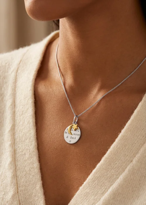 Golden Moments Sterling Silver Gold Plated & Rhodium Plated Engraved Round Disc With Star & Moon Charm Pendant On Chain - One Size Image 4