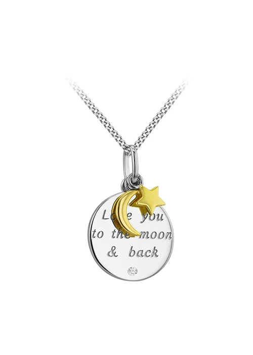 Golden Moments Sterling Silver Gold Plated & Rhodium Plated Engraved Round Disc With Star & Moon Charm Pendant On Chain - One Size Image 1