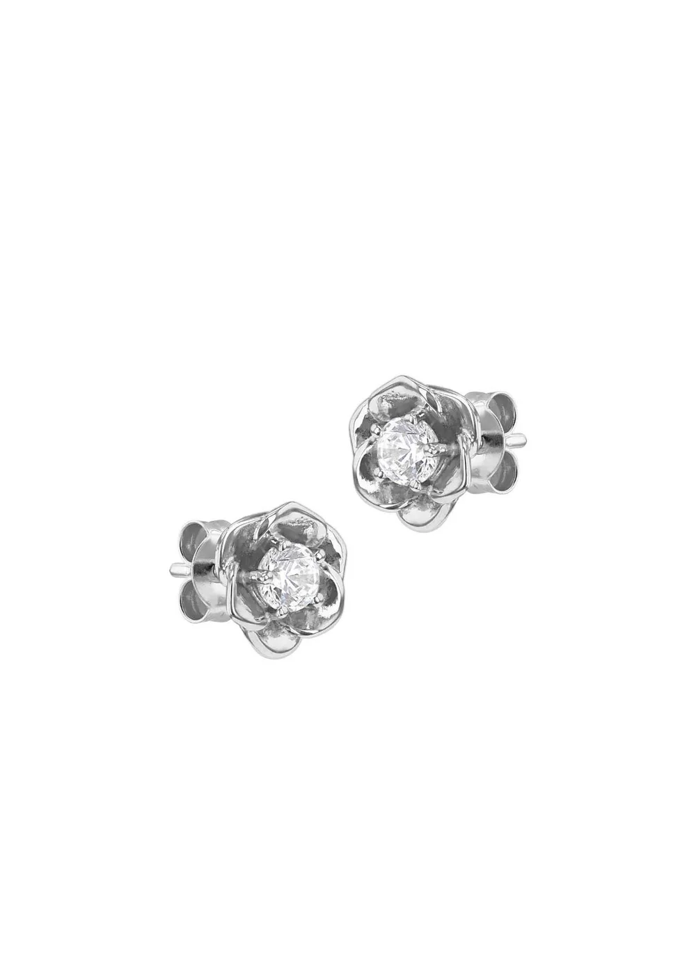 Golden Moments Sterling Silver Rhodium Plated White CZ Rose Stud Earrings - One Size Image 2