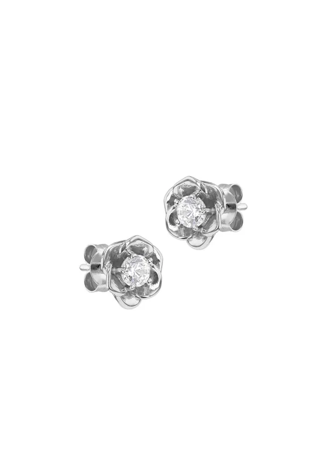 Golden Moments Sterling Silver Rhodium Plated White CZ Rose Stud Earrings