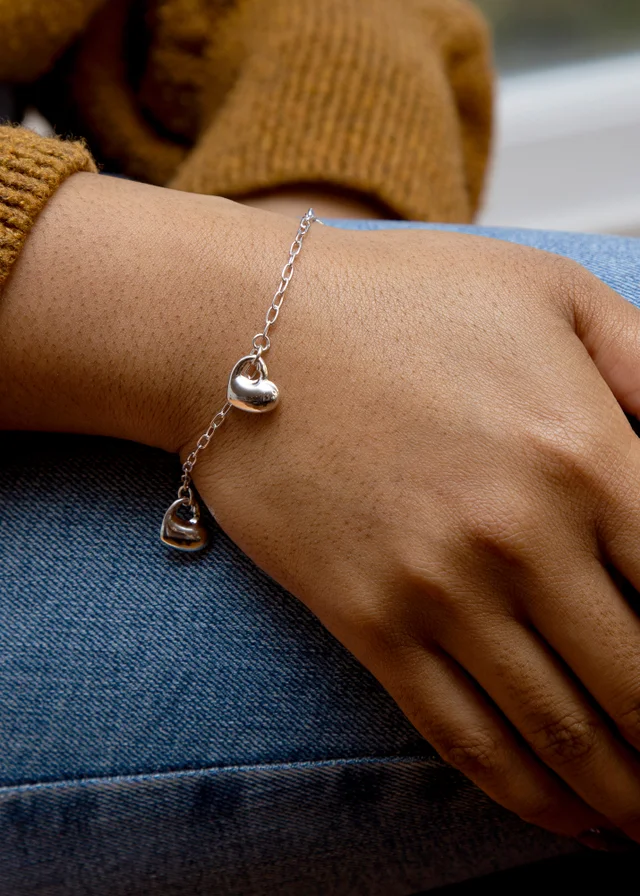 Golden Moments Sterling Silver Rhodium Plated Triple Puffed Heart Charm Bracelet