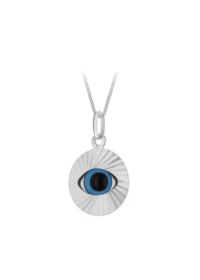 Golden Moments Sterling Silver Rhodium Plated Diamond Cut Evil Eye Pendant On Chain