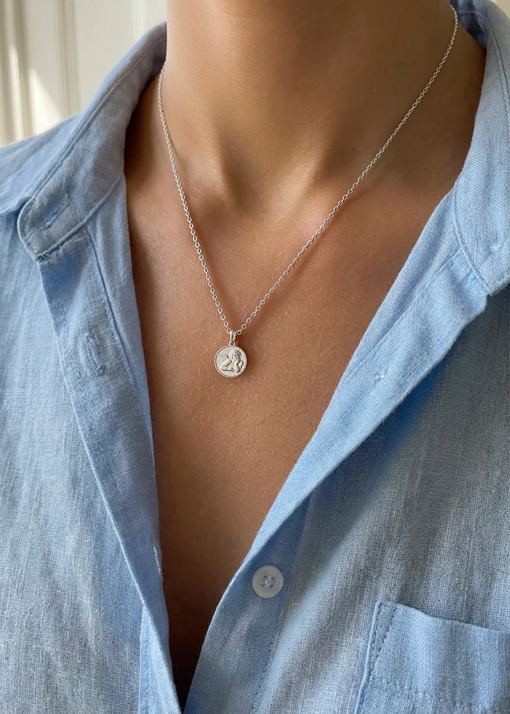 Golden Moments Sterling Silver Angel Round Medal Pendant On Chain - One Size Image 3