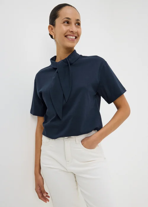 Navy Scarf Neck T-Shirt - 20 Image 1