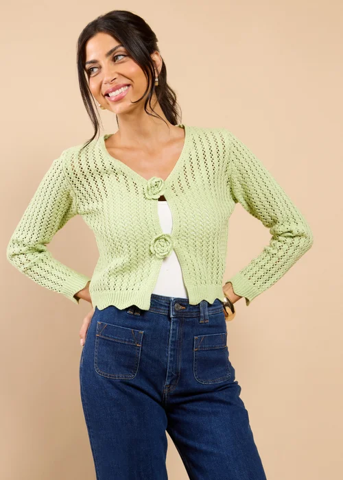 Little Mistress Sage Crochet Rosette Detail Cardigan - S Image 1